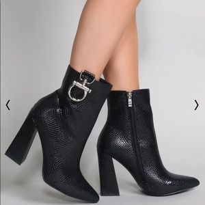 Public Desire Women Flare Heel Booties Forever Black Crocodile Print